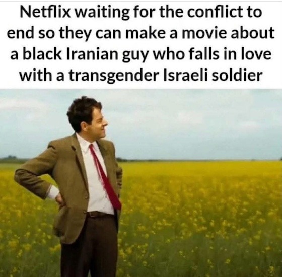 Netflix waiting for the conflict to end so they can make a movie about a black Iranian guy who falls in love with a transgender Israeli soldier