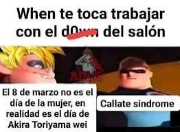 When te toca trabajar con el down del salón
El 8 de marzo no es el día de la mujer, en realidad es el día de Akira Toriyama wei
Callate sindrome