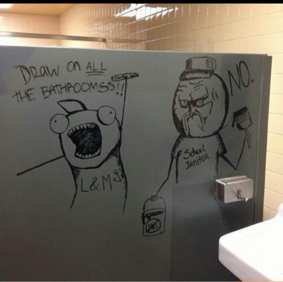 DRAW ON ALL THE BATHROOMSS!! NO. School JANITOR