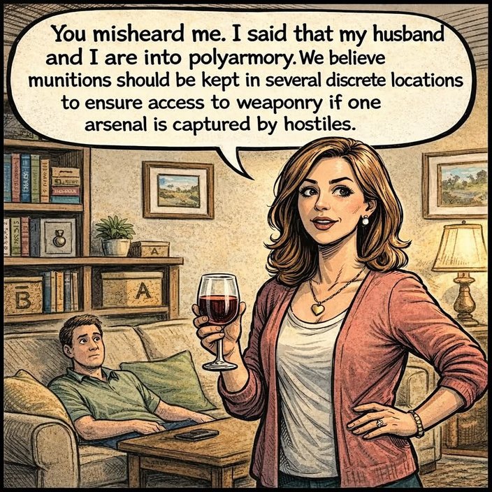 You misheard me. I said that my husband and I are into polyarmory. We believe munitions should be kept in several discrete locations to ensure access to weaponry if one arsenal is captured by hostiles.