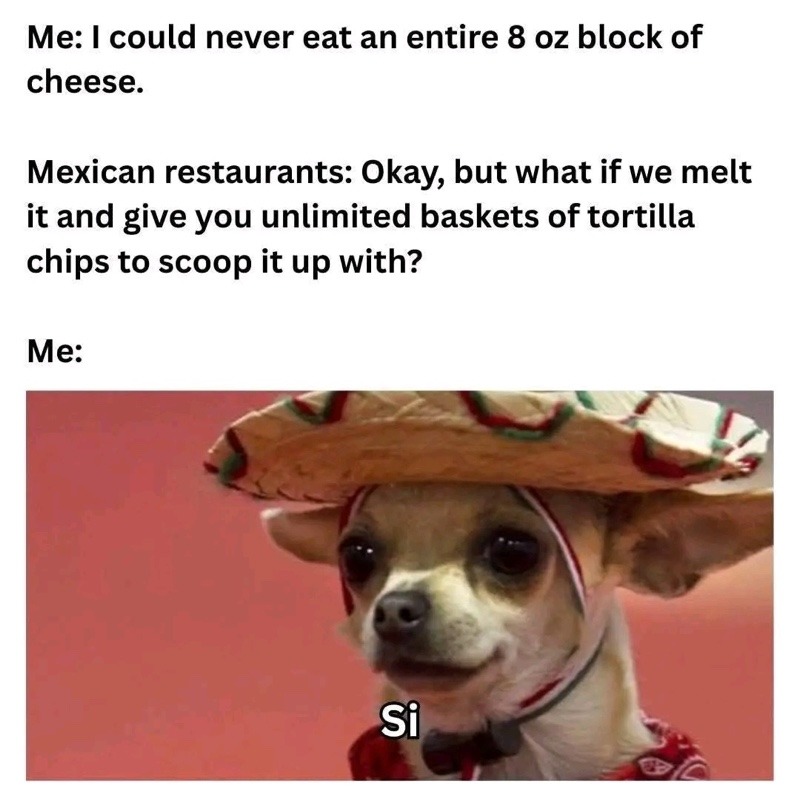 Me: I could never eat an entire 8 oz block of cheese.
Mexican restaurants: Okay, but what if we melt it and give you unlimited baskets of tortilla chips to scoop it up with?
Me:
Si