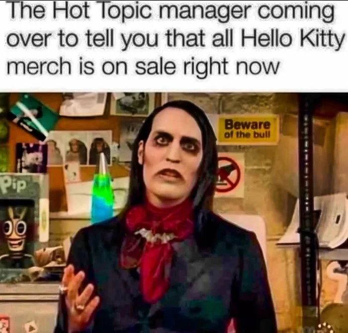 The Hot Topic manager coming over to tell you that all Hello Kitty merch is on sale right now