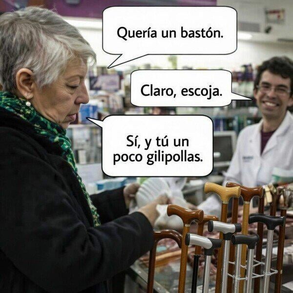 Quería un bastón. Claro, escoja. Sí, y tú un poco gilipollas.