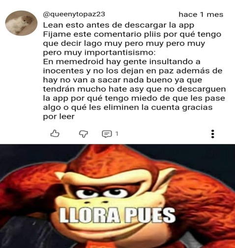 Lean esto antes de descargar la app Fijame este comentario pliis por qué tengo que decir lago muy pero muy pero muy pero muy importantisimo: En memedroid hay gente insultando a inocentes y no los dejan en paz además de hay no van a sacar nada bueno ya que tendrán mucho hate asy que no descarguen la app por qué tengo miedo de que les pase algo o qué