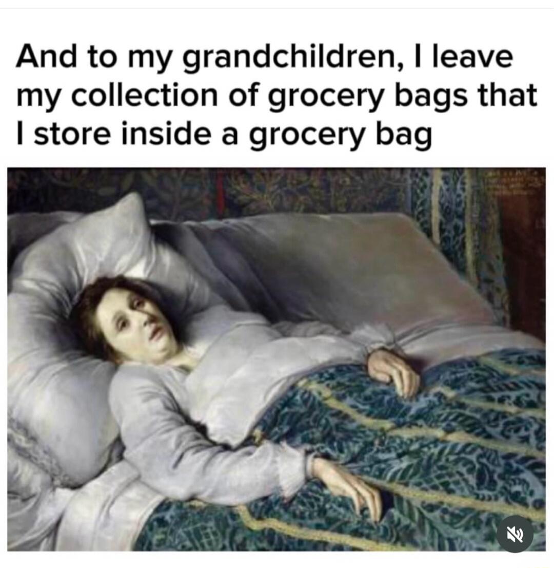 And to my grandchildren, I leave my collection of grocery bags that I store inside a grocery bag