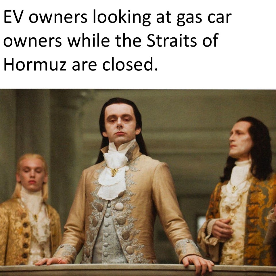 EV owners looking at gas car owners while the Straits of Hormuz are closed.