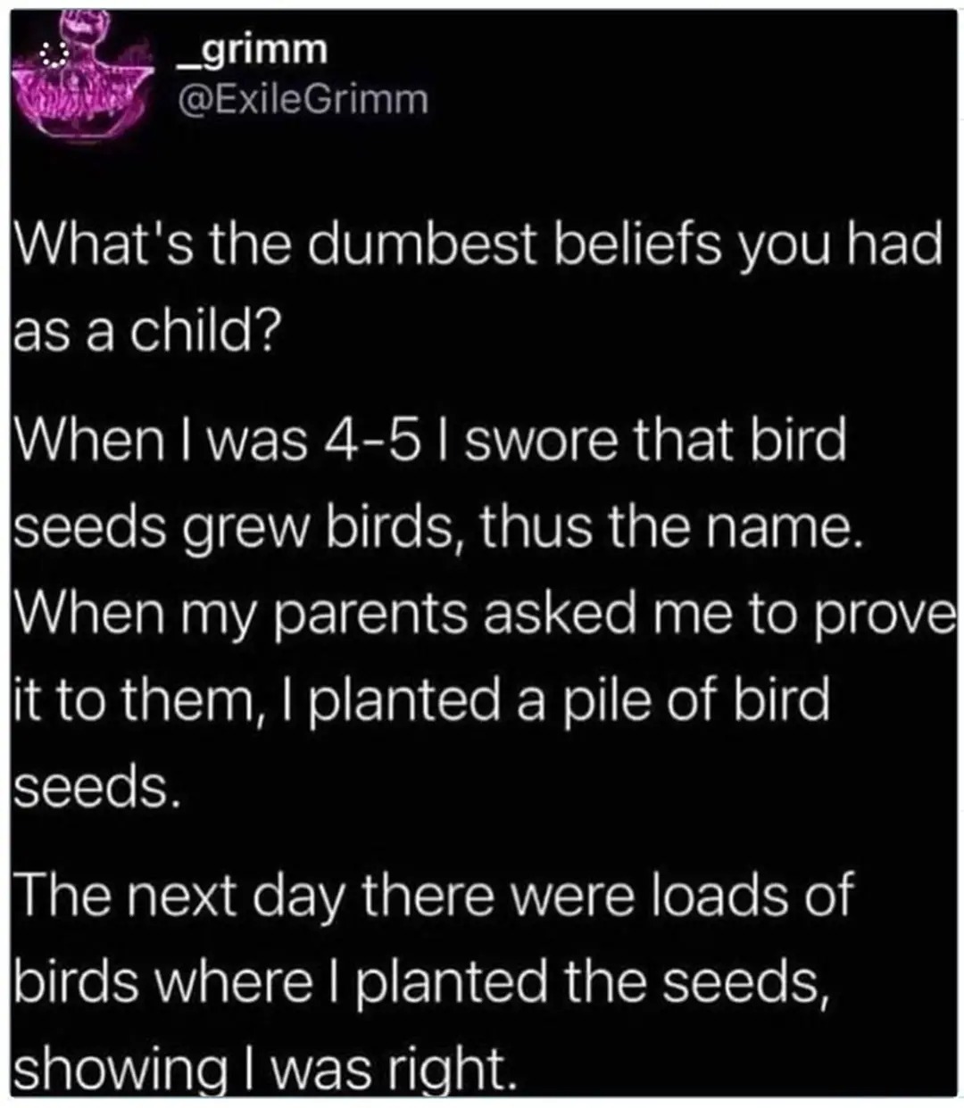 What's the dumbest beliefs you had as a child? When I was 4-5 I swore that bird seeds grew birds, thus the name. When my parents asked me to prove it to them, I planted a pile of bird seeds. The next day there were loads of birds where I planted the seeds, showing I was right.