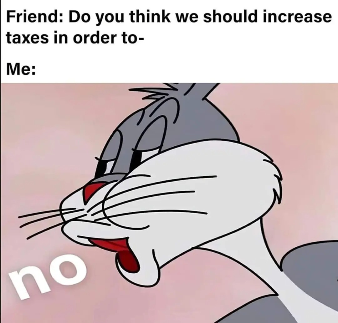 Friend: Do you think we should increase taxes in order to-
Me:
no