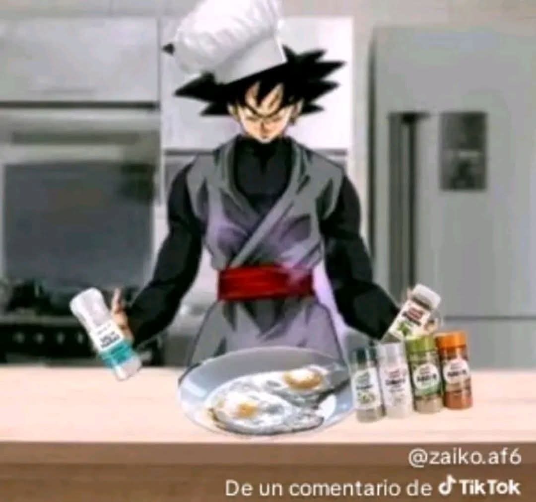 Goku Black cocinando huevos.