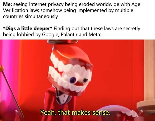 Me: seeing internet privacy being eroded worldwide with Age Verification laws somehow being implemented by multiple countries simultaneously
*Digs a little deeper* Finding out that these laws are secretly being lobbied by Google, Palantir and Meta:
Yeah, that makes sense.