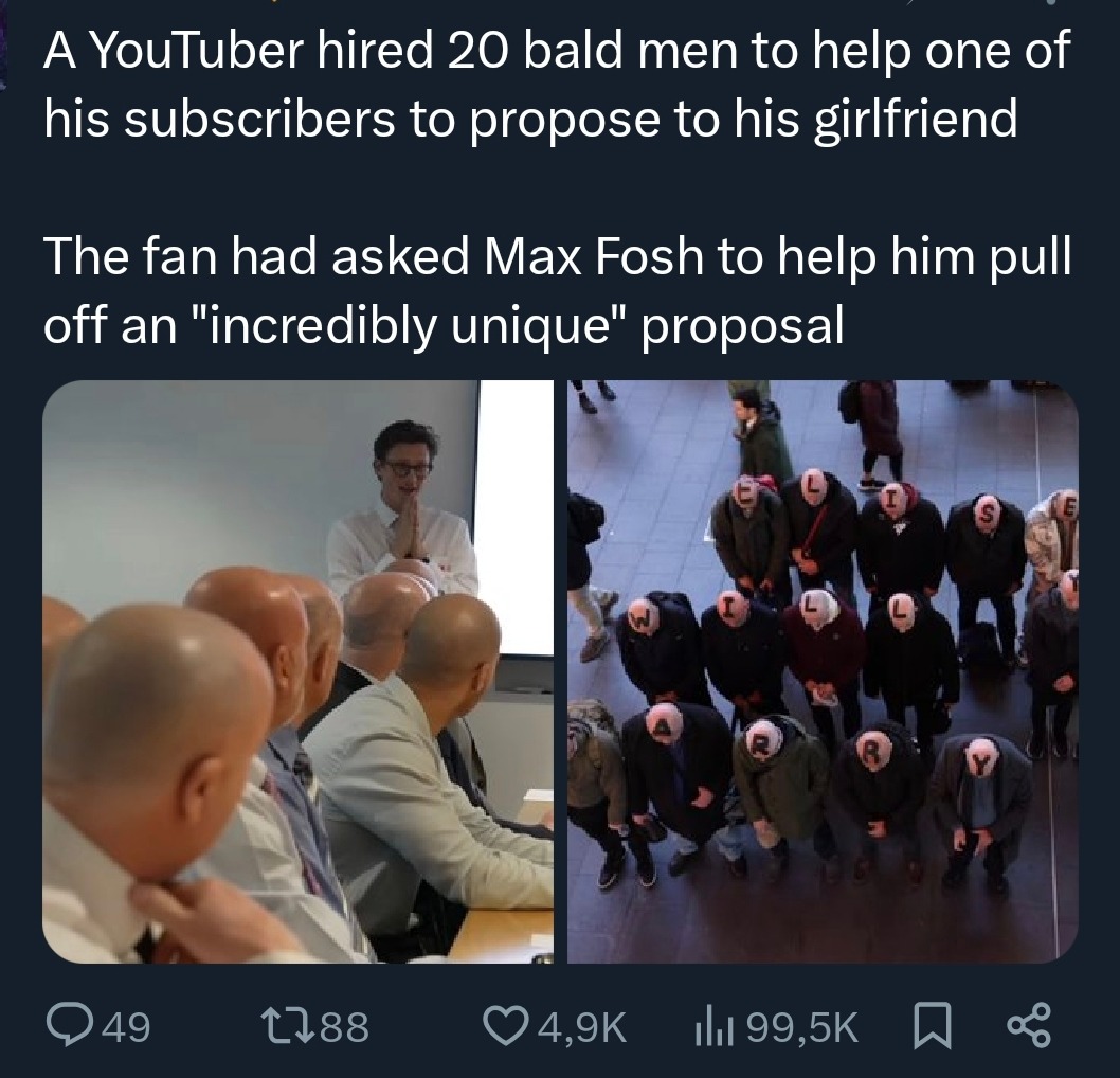 A YouTuber hired 20 bald men to help one of his subscribers to propose to his girlfriend. The fan had asked Max Fosh to help him pull off an 