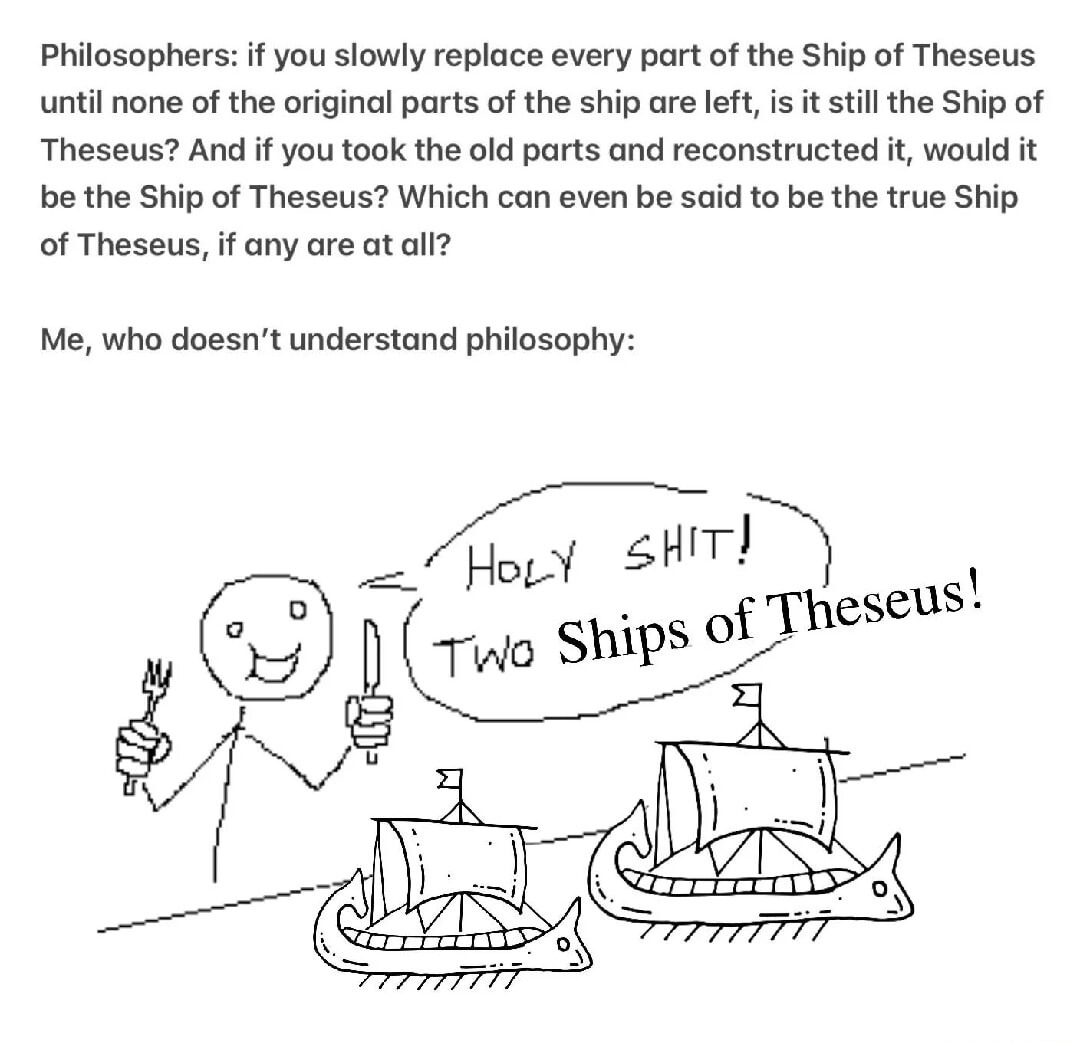 Philosophers: if you slowly replace every part of the Ship of Theseus until none of the original parts of the ship are left, is it still the Ship of Theseus? And if you took the old parts and reconstructed it, would it be the Ship of Theseus? Which can even be said to be the true Ship of Theseus, if any are at all?
Me, who doesn't understand philos