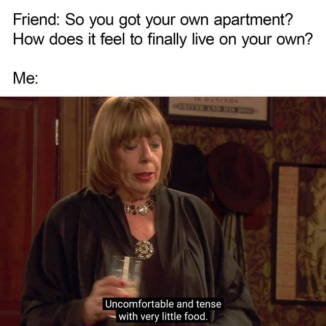 Friend: So you got your own apartment? How does it feel to finally live on your own?
Me:
Uncomfortable and tense with very little food.