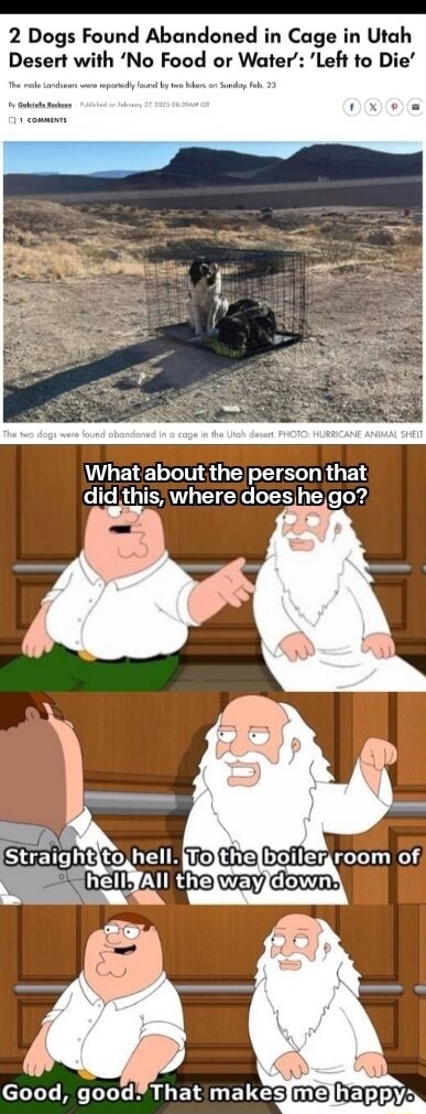 2 Dogs Found Abandoned in Cage in Utah Desert with 'No Food or Water': 'Left to Die'. The male landseers were reportedly found by two hikers on Sunday, Feb. 23. What about the person that did this, where does he go? Straight to hell. To the boiler room of hell. All the way down. Good, good. That makes me happy.