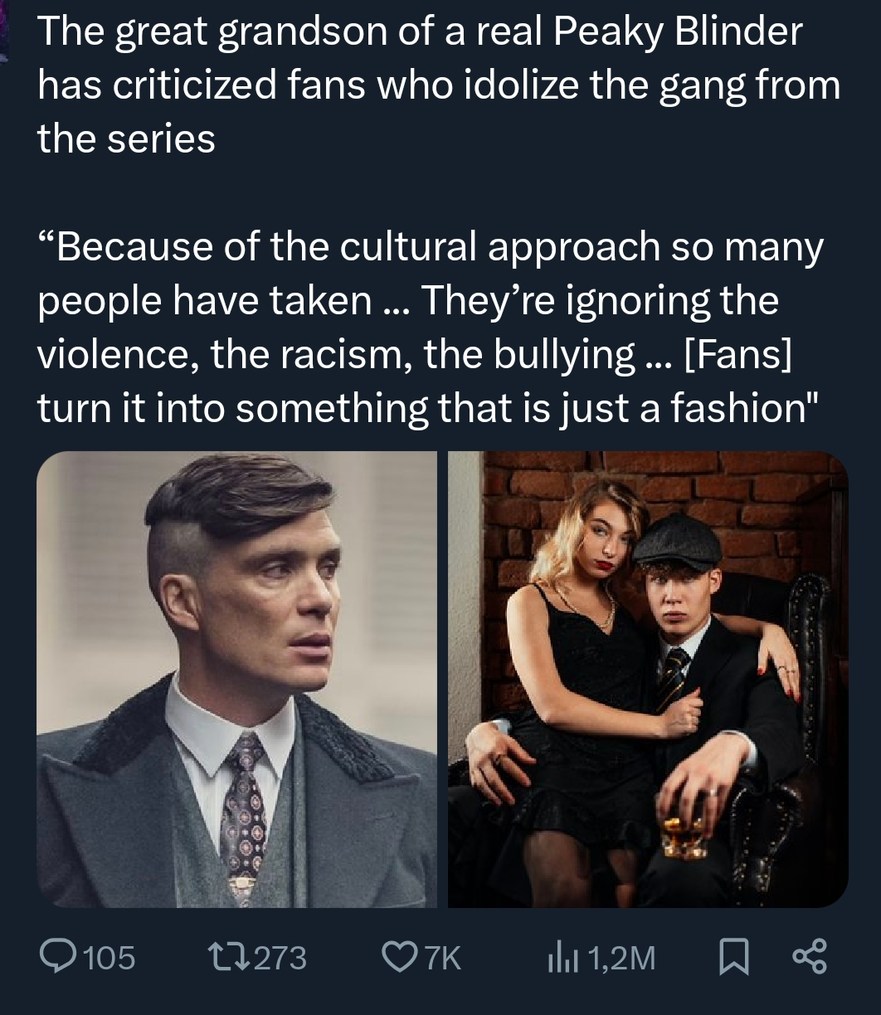 The great grandson of a real Peaky Blinder has criticized fans who idolize the gang from the series 