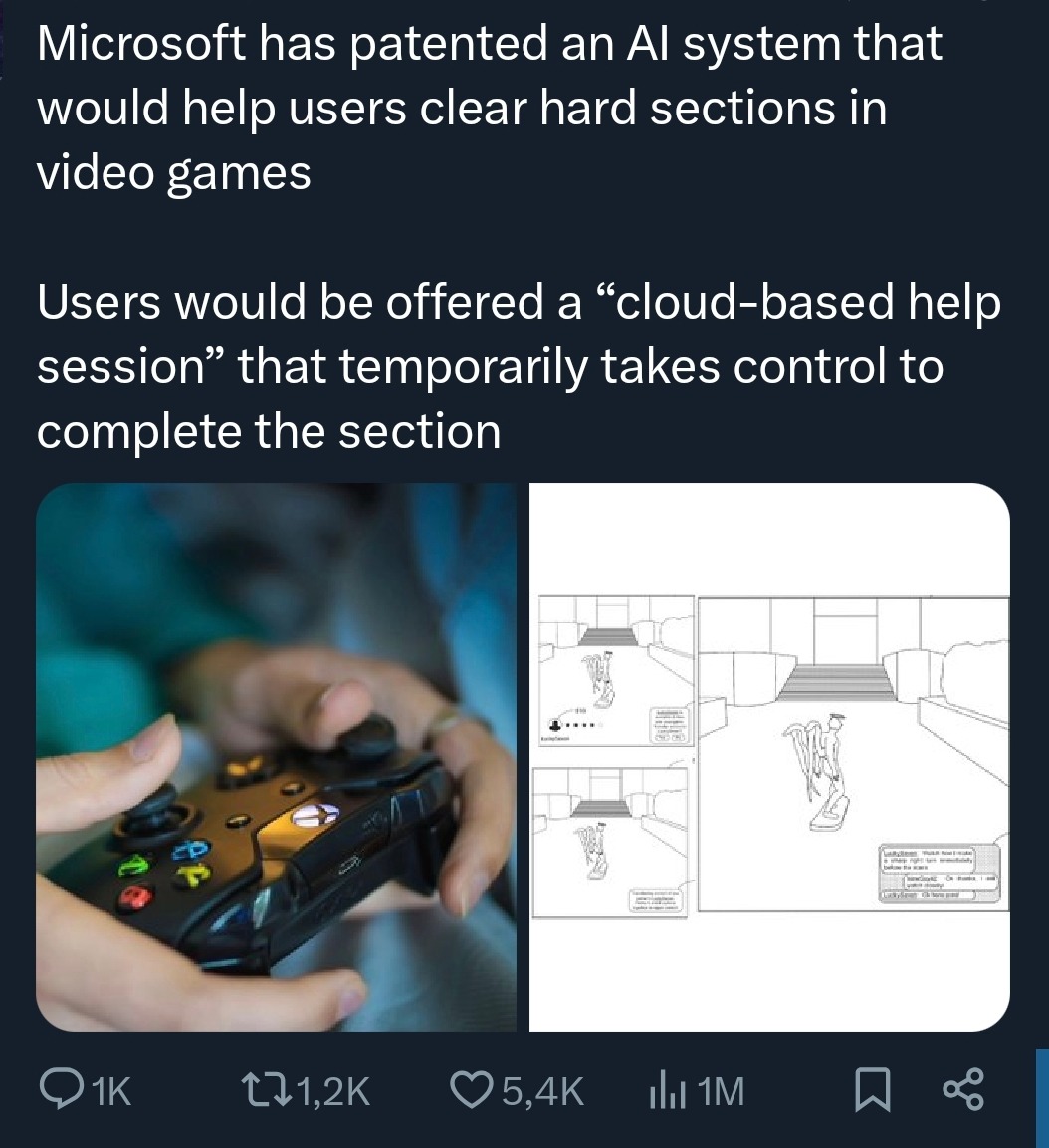 Microsoft has patented an AI system that would help users clear hard sections in video games. Users would be offered a “cloud-based help session” that temporarily takes control to complete the section.
