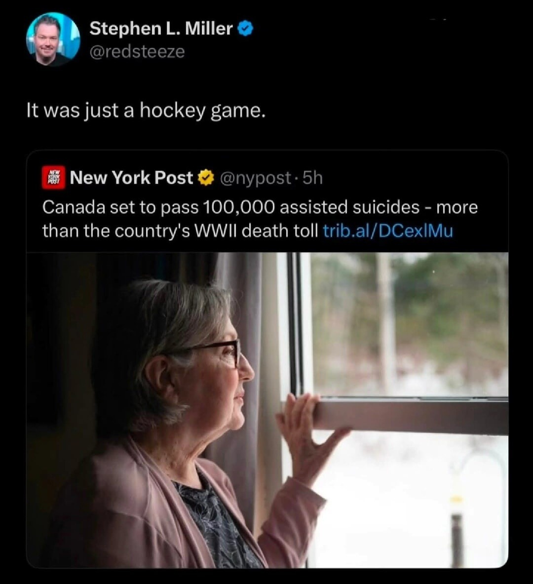 It was just a hockey game. New York Post @nypost 5h Canada set to pass 100,000 assisted suicides - more than the country's WWII death toll trib.al/DCexlMu