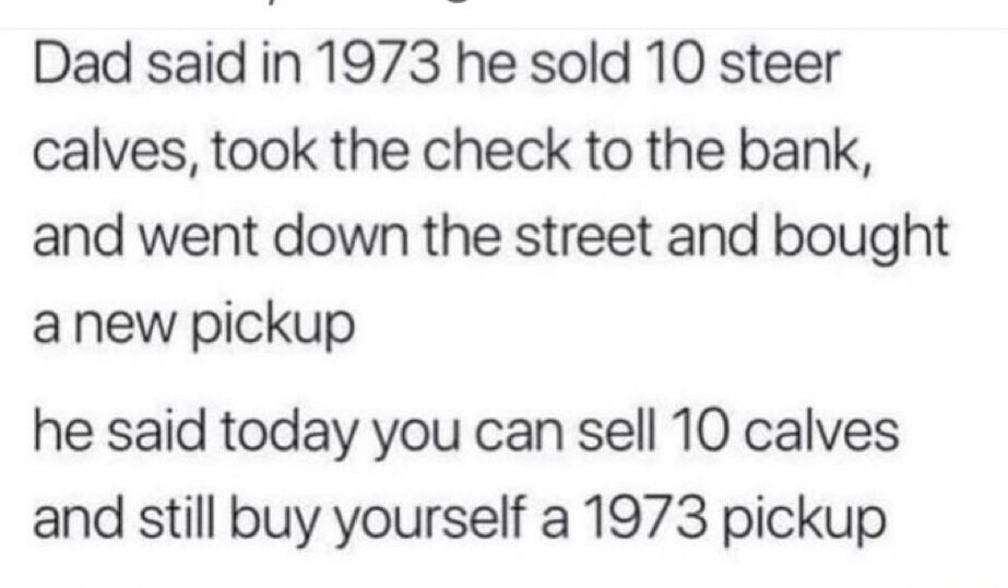 Dad said in 1973 he sold 10 steer calves, took the check to the bank, and went down the street and bought a new pickup. He said today you can sell 10 calves and still buy yourself a 1973 pickup.