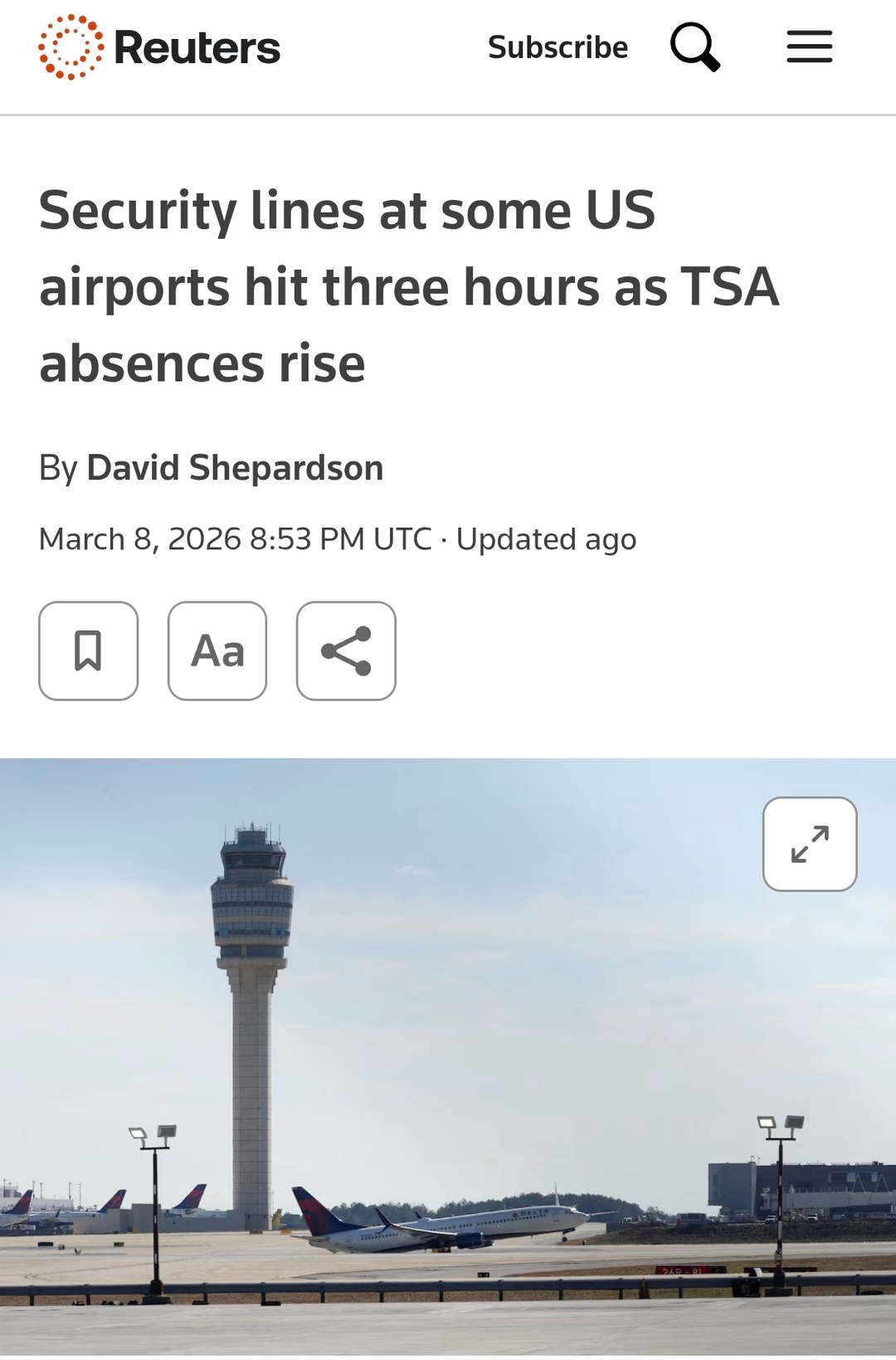 Security lines at some US airports hit three hours as TSA absences rise
By David Shepardson
March 8, 2026 8:53 PM UTC · Updated ago