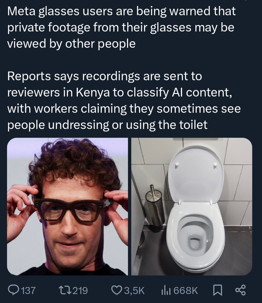 Meta glasses users are being warned that private footage from their glasses may be viewed by other people. Reports says recordings are sent to reviewers in Kenya to classify AI content, with workers claiming they sometimes see people undressing or using the toilet.