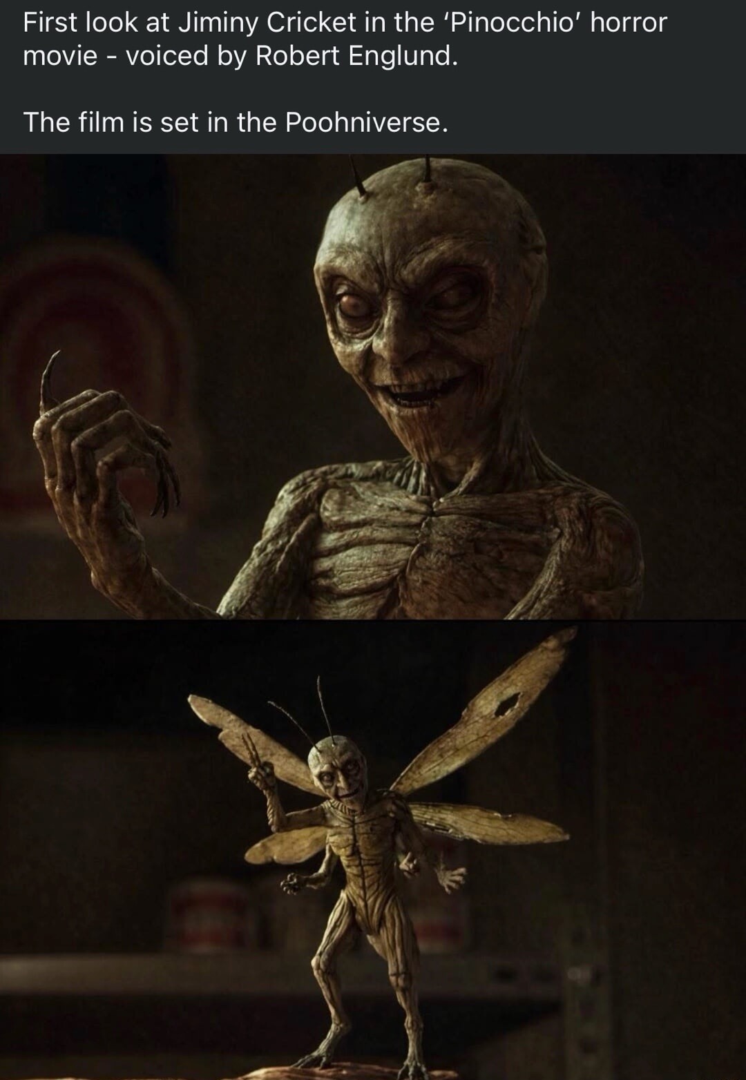 First look at Jiminy Cricket in the 'Pinocchio' horror movie - voiced by Robert Englund. The film is set in the Poohniverse.