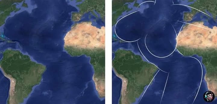La imagen muestra una comparación entre la geografía de la Tierra vista desde Google Earth y una representación artística que dibuja contornos de un cuerpo femenino sobre el océano Atlántico, conectando África y América del Sur.