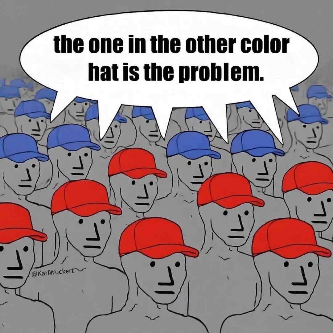 the one in the other color hat is the problem.