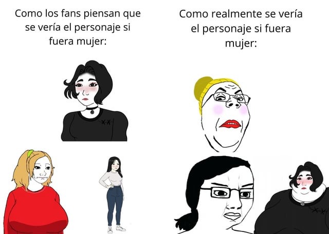 Como los fans piensan que se vería el personaje si fuera mujer:
Como realmente se vería el personaje si fuera mujer: