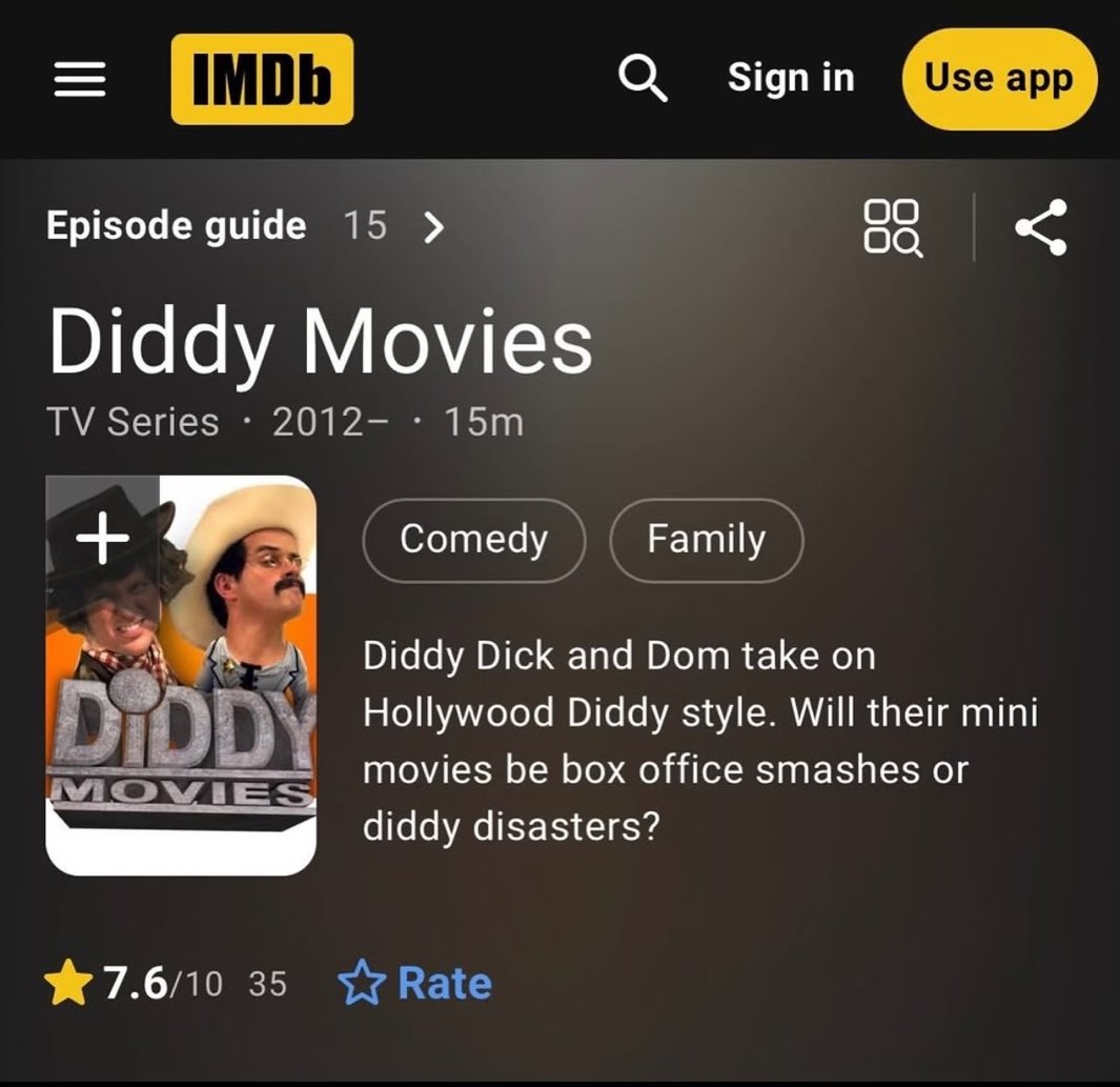 Diddy Movies
TV Series
2012-
15m
Diddy Dick and Dom take on Hollywood Diddy style. Will their mini movies be box office smashes or diddy disasters?