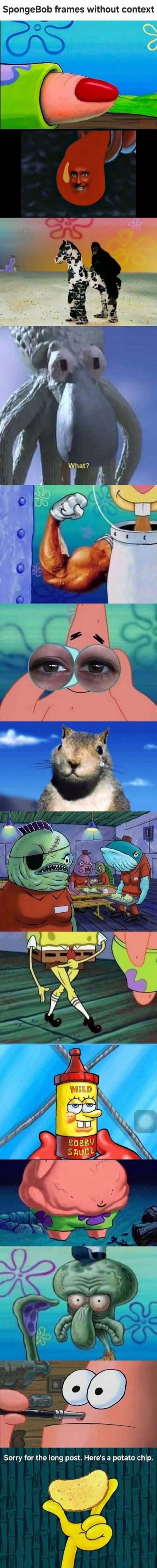 SpongeBob frames without context. What? Sorry for the long post. Here's a potato chip.