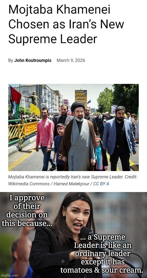 Mojtaba Khamenei Chosen as Iran's New Supreme Leader By John Koutroumpis March 9, 2026 Mojtaba Khamenei is reportedly Iran's new Supreme Leader. Credit: Wikimedia Commons / Hamed Malekpour / CC BY 4 I approve of their decision on this because... ...a Supreme Leader is like an ordinary leader except it has tomatoes & sour cream.