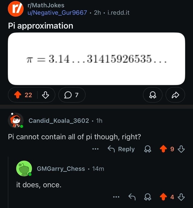 Pi approximation pi = 3.14...31415926535... Pi cannot contain all of pi though, right? it does, once.