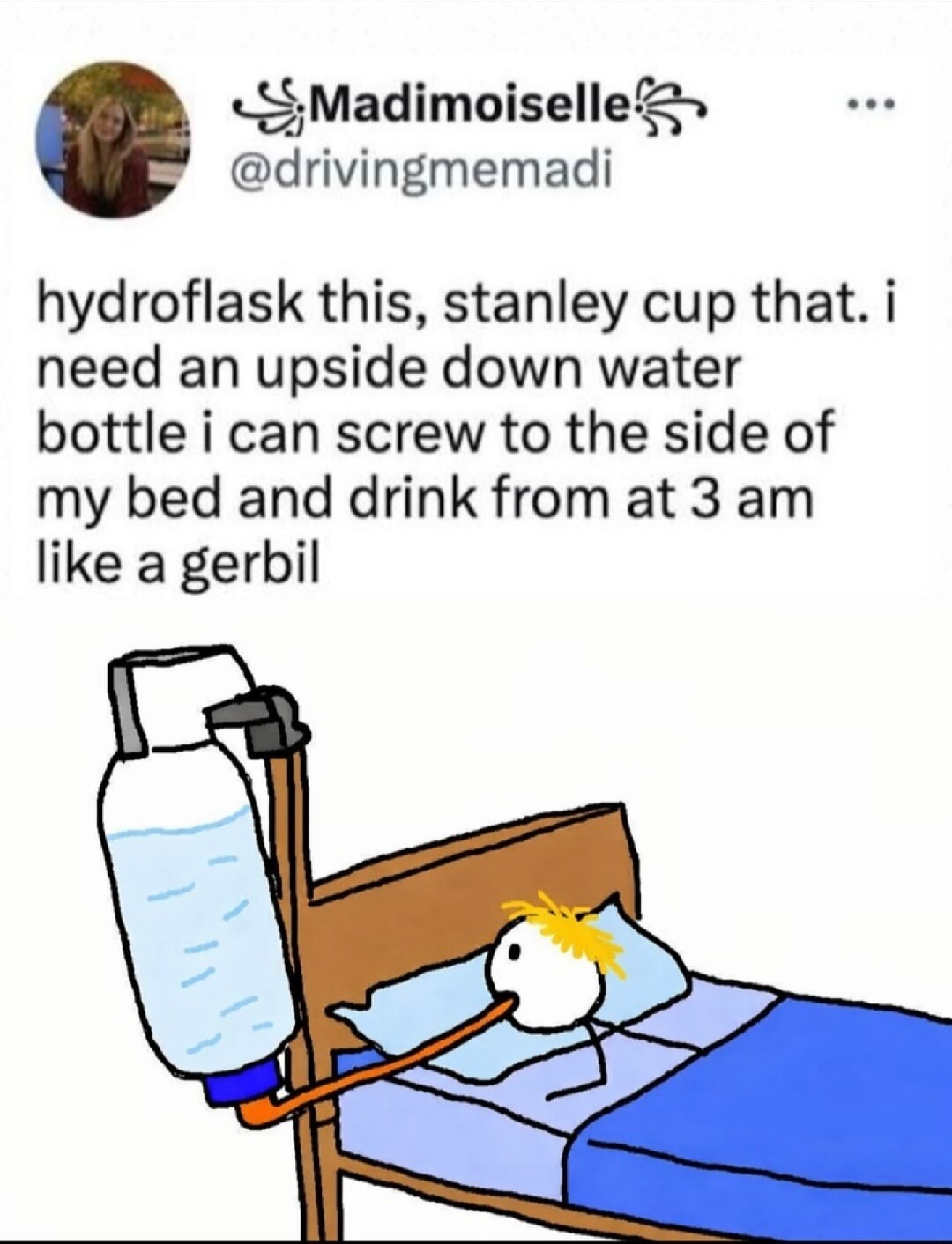 hydroflask this, stanley cup that. i need an upside down water bottle i can screw to the side of my bed and drink from at 3 am like a gerbil