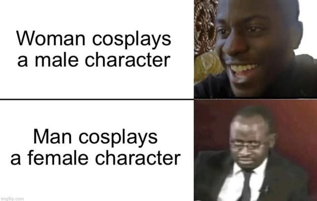 Woman cosplays a male character
Man cosplays a female character