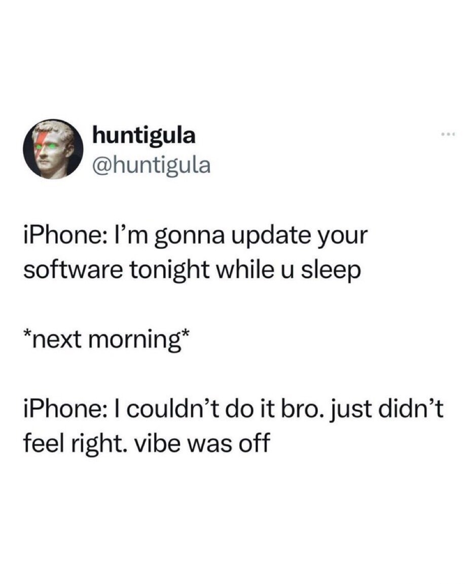 iPhone: I'm gonna update your software tonight while u sleep
*next morning*
iPhone: I couldn't do it bro. just didn't feel right. vibe was off