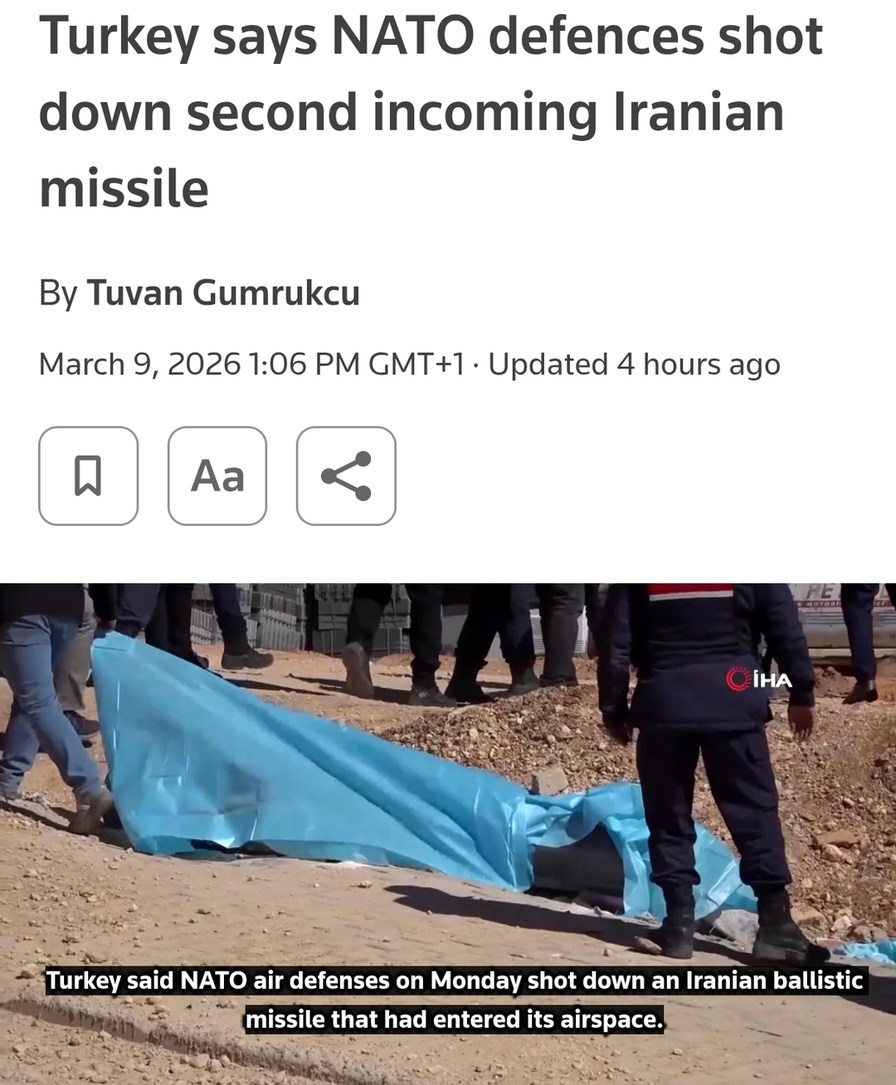 Turkey says NATO defences shot down second incoming Iranian missile. By Tuvan Gumrukcu. March 9, 2026 1:06 PM GMT+1 · Updated 4 hours ago. Turkey said NATO air defenses on Monday shot down an Iranian ballistic missile that had entered its airspace.