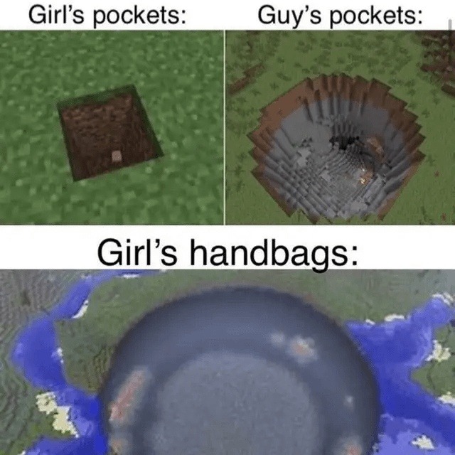 Girl's pockets: Guy's pockets: Girl's handbags: