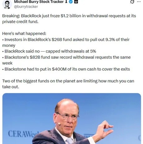 Breaking: BlackRock just froze $1.2 billion in withdrawal requests at its private credit fund. Here's what happened: Investors in BlackRock's $26B fund asked to pull out 9.3% of their money BlackRock said no — capped withdrawals at 5% Blackstone's $82B fund saw record withdrawal requests the same week Blackstone had to put in $400M of its own cash 