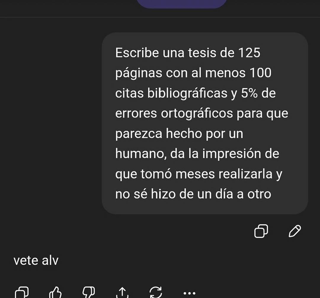 Escribe una tesis de 125 páginas con al menos 100 citas bibliográficas y 5% de errores ortográficos para que parezca hecho por un humano, da la impresión de que tomó meses realizarla y no sé hizo de un día a otro
vete alv