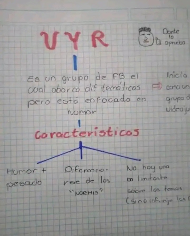 VYR
Es un grupo de FB el cual abarca clif temáticos pero está enfocado en humor
Características
Humor + pesado
Diferencia- rbe de los 