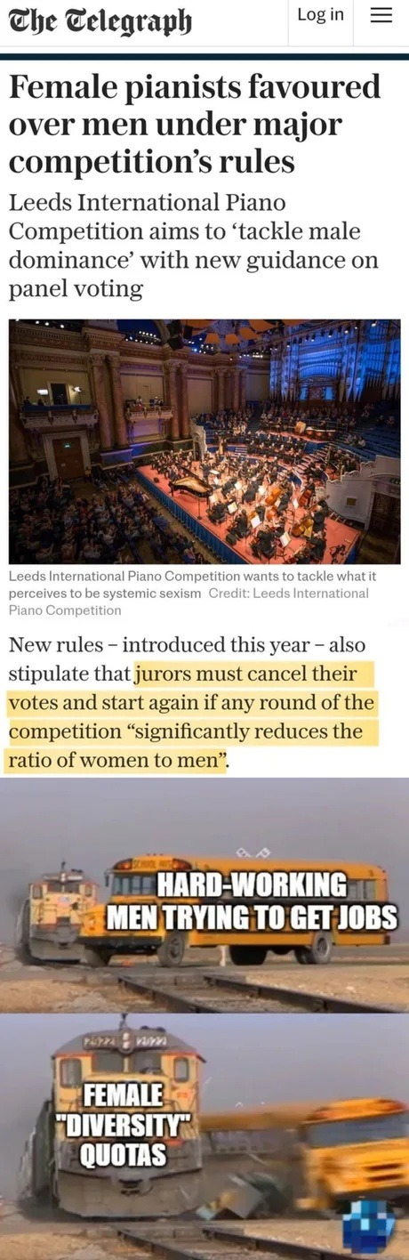 Female pianists favoured over men under major competition's rules. Leeds International Piano Competition aims to 'tackle male dominance' with new guidance on panel voting. New rules - introduced this year - also stipulate that jurors must cancel their votes and start again if any round of the competition 