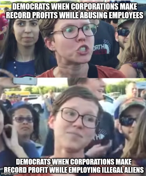 DEMOCRATS WHEN CORPORATIONS MAKE RECORD PROFITS WHILE ABUSING EMPLOYEES
DEMOCRATS WHEN CORPORATIONS MAKE RECORD PROFIT WHILE EMPLOYING ILLEGAL ALIENS