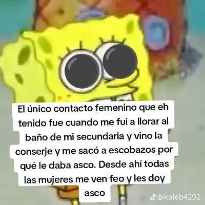 El único contacto femenino que eh tenido fue cuando me fui a llorar al baño de mi secundaria y vino la conserje y me sacó a escobazos por qué le daba asco. Desde ahí todas las mujeres me ven feo y les doy asco