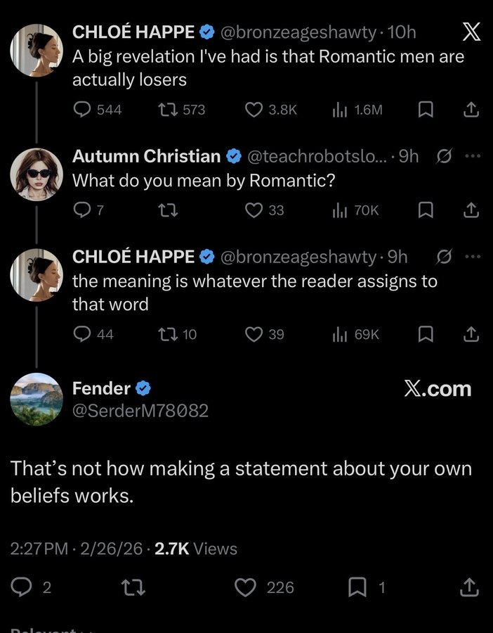 A big revelation I've had is that Romantic men are actually losers
What do you mean by Romantic?
the meaning is whatever the reader assigns to that word
That's not how making a statement about your own beliefs works.