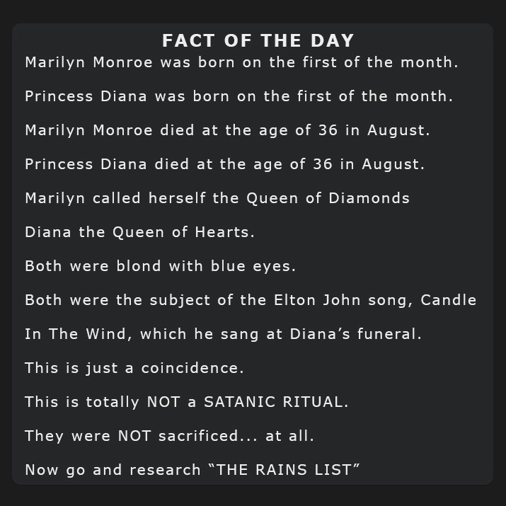 FACT OF THE DAY
Marilyn Monroe was born on the first of the month.
Princess Diana was born on the first of the month.
Marilyn Monroe died at the age of 36 in August.
Princess Diana died at the age of 36 in August.
Marilyn called herself the Queen of Diamonds
Diana the Queen of Hearts.
Both were blond with blue eyes.
Both were the subject of the Elt