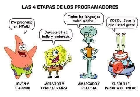 LAS 4 ETAPAS DE LOS PROGRAMADORES
¡Yo programo en HTML!
JÓVEN Y ESTÚPIDO
Javascript es
bello y poderosa.
MOTIVADO Y
CON ESPERANZA
Todos los lenguajes
valen madre.
AMARGADO Y
REALISTA
COBOL, Java lo
que usted guste.
YA SOLO LE
IMPORTA EL DINERO