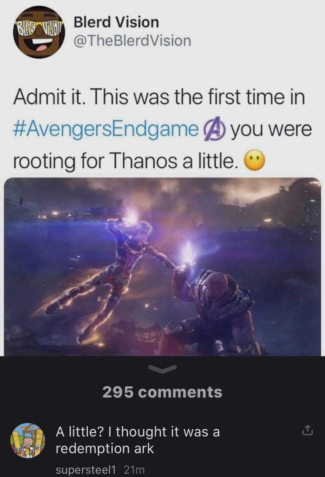 Admit it. This was the first time in #AvengersEndgame you were rooting for Thanos a little. 🥺