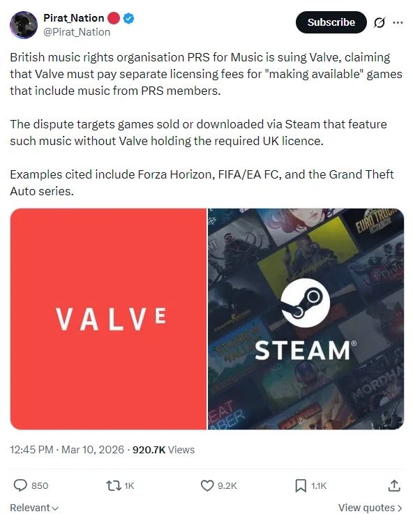 British music rights organisation PRS for Music is suing Valve, claiming that Valve must pay separate licensing fees for 