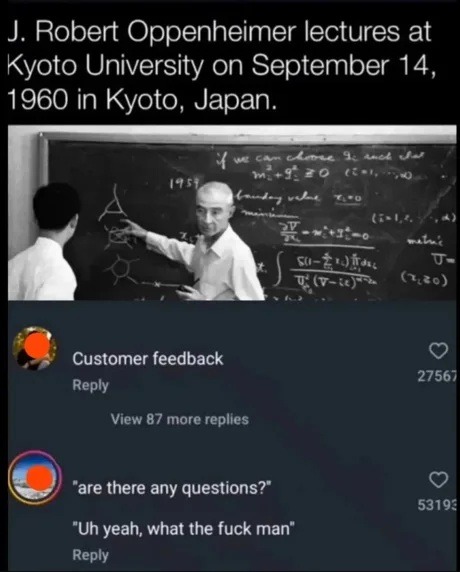 J. Robert Oppenheimer lectures at Kyoto University on September 14, 1960 in Kyoto, Japan. 