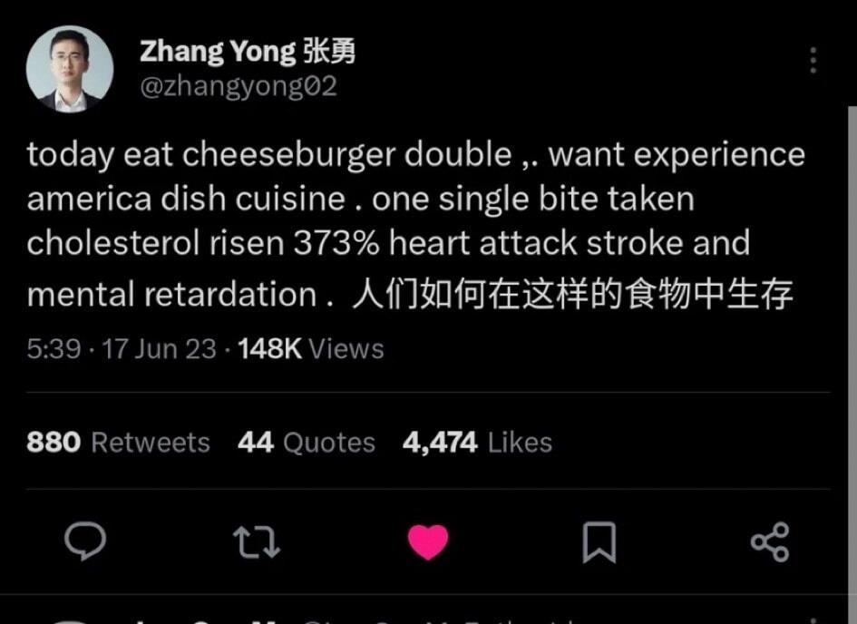 today eat cheeseburger double ,, want experience america dish cuisine . one single bite taken cholesterol risen 373% heart attack stroke and mental retardation. 人们如何在这样的食物中生存